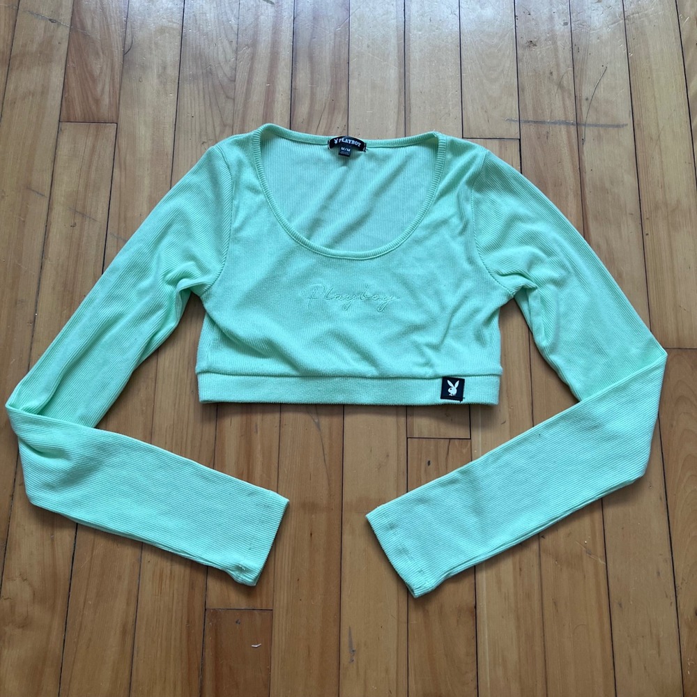 Playboy Ribbed Long Sleeve Crop Top Mint Green Embroidered Logo M/M